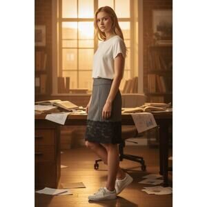 Vintage Y2K Stooshy Small Gray Pencil Skirt Lace Bottom Trim Office Siren Preppy